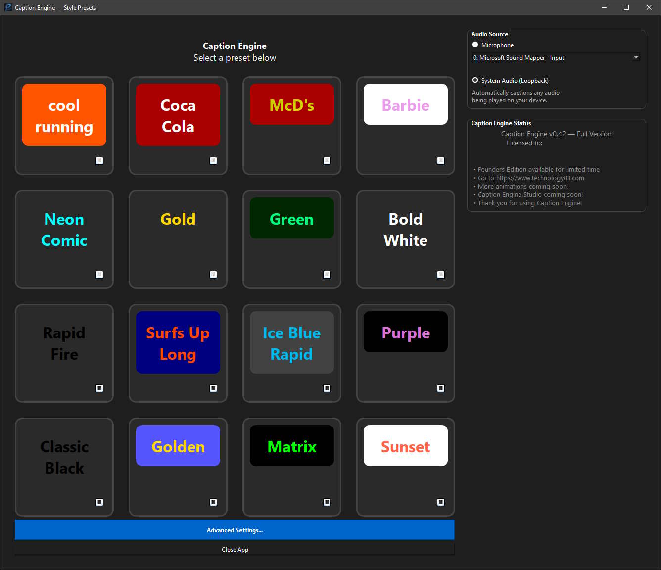 Caption Engine Main Window Dashboard